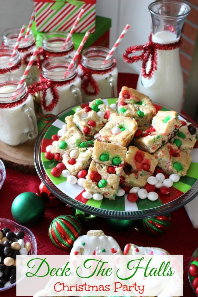Deck The Halls Christmas Party! Throw a fun Christmas party with an ornament decorating station and of course sweet treats like these M&M'sÂ® Holiday Cake Bars! #BakeInTheFun #SweetSquad