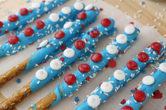 Patriotic Pretzel Rods, Red, White, and Blue Dessert, Red, White and Blue Chocolate Dipped Pretzels
