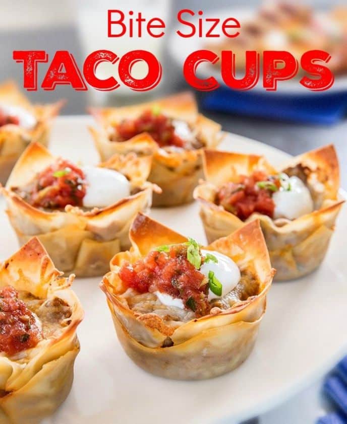 Taco Cups Appetizer Recipe! CLICK to make these delicious bite size snacks - perfect for game day or Cinco de Mayo!