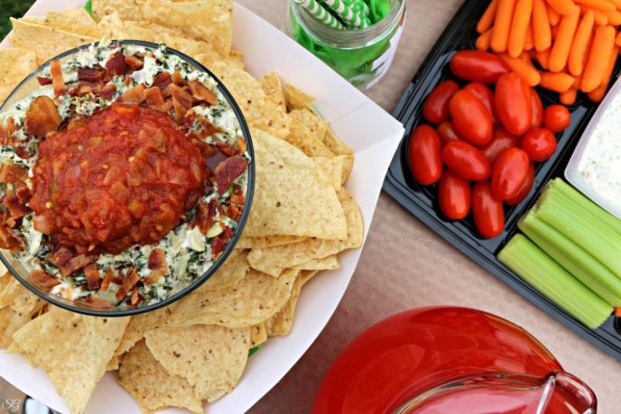 Football Party Foods like Chips, Dip, Veggies and Sliders