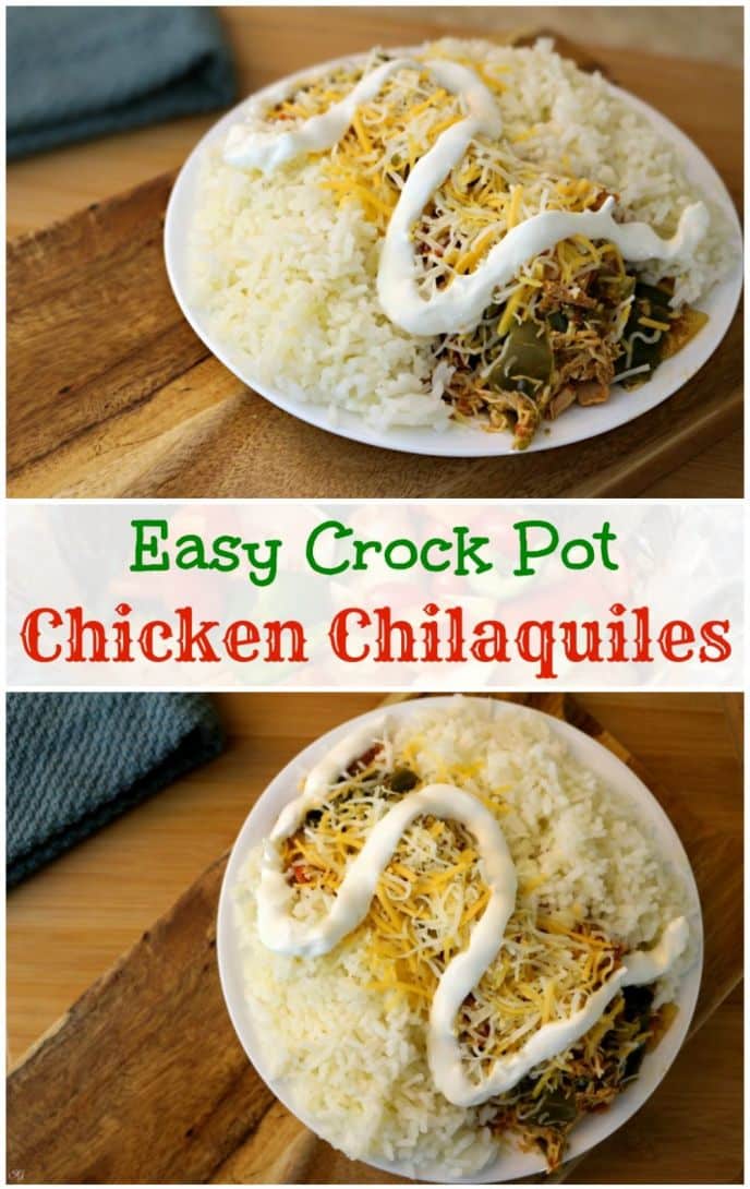 Easy crock pot chicken chilaquiles is on the menu tonight! This EASY chicken chilaquiles recipe will be one you make every week. Check this chicken chilaquiles recipe!