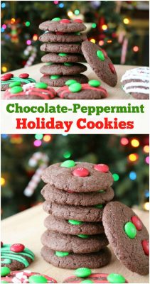Chocolate peppermint cookies with M&M's candies on top are the perfect holiday treat! These SUPER EASY cake mix chocolate peppermint cookies are packed with flavor! #SweetSquad