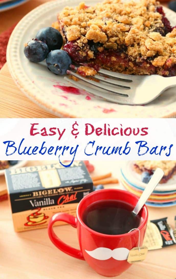 Easy Blueberry Crumb Bar Recipe. Check out this easy and delicious blueberry crumb bar recipe served with delicious vanilla chai tea! #TeaProudly