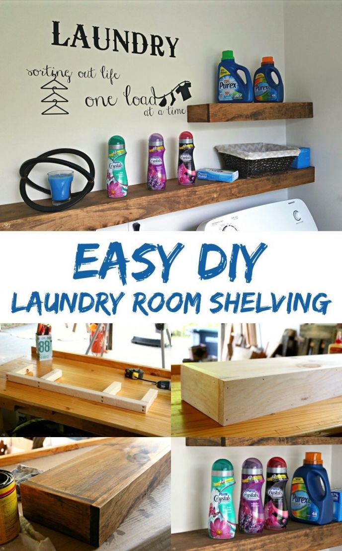 Freshen up your laundry room with this EASY DIY floating shelf project! Learn how to build floating shelves for your laundry room!