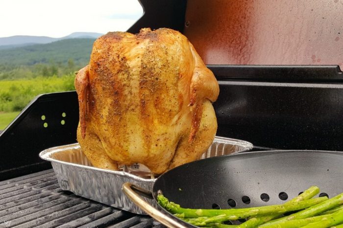 Beer Can Chicken On The Grill, Chicken cooking on grill over indirect heat