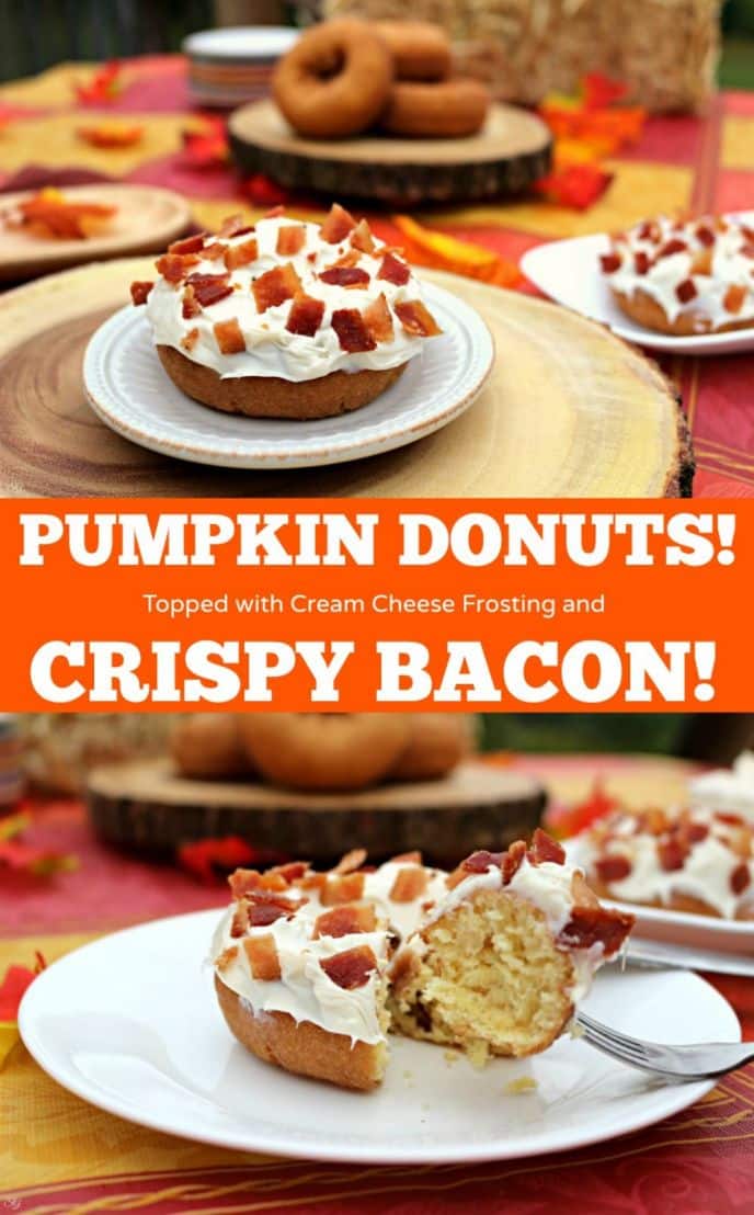 Bacon on top of pumpkin donuts that have been slathered in cream cheese frosting! These bacon topped donuts are delicious and easy to make, get the recipe now!