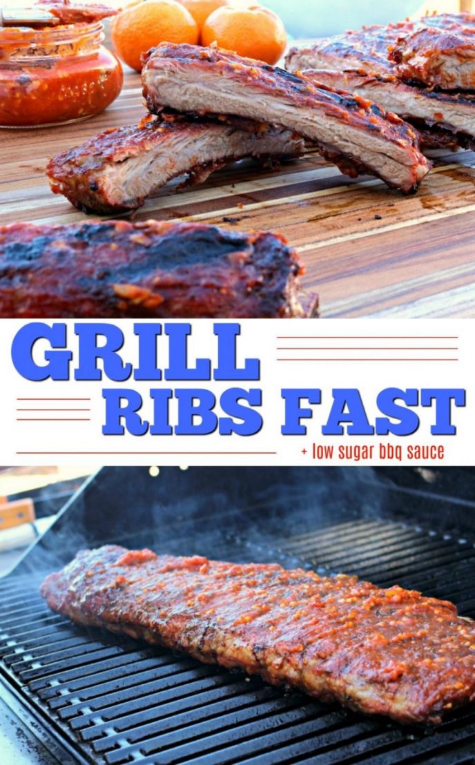 Grill Ribs Fast! This EASY method for grilling ribs is fast, plus we're sharing our low sugar BBQ sauce recipe with you! It's delicious!