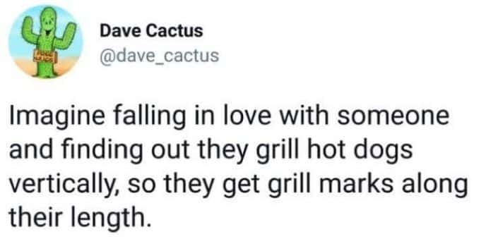 How To Grill Hot Dogs, Grill hot dog meme. Imagine falling in love with someone and finding out they grill hot dogs vertically, so they get grill marks along their length. 