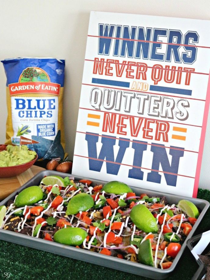 Super Bowl Appetizer, Sheet Pan Nachos Football party food, nachos with cheese and veggies. Inspirational sign, winners never quit and quitters never win.