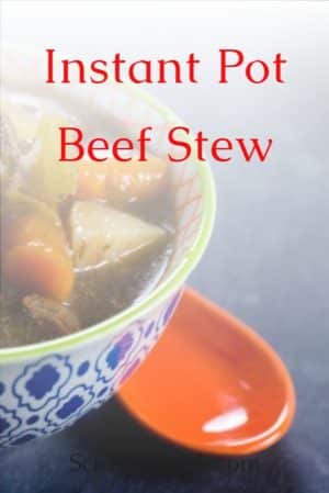 Instant pot beef stew recipe in a bowl with blue design on the outside and an orange spoon sitting next to the bowl.