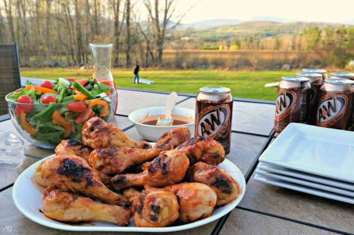 Root Beer BBQ Sauce, Grilled chicken, salad, A&W root beer on patio table, backyard