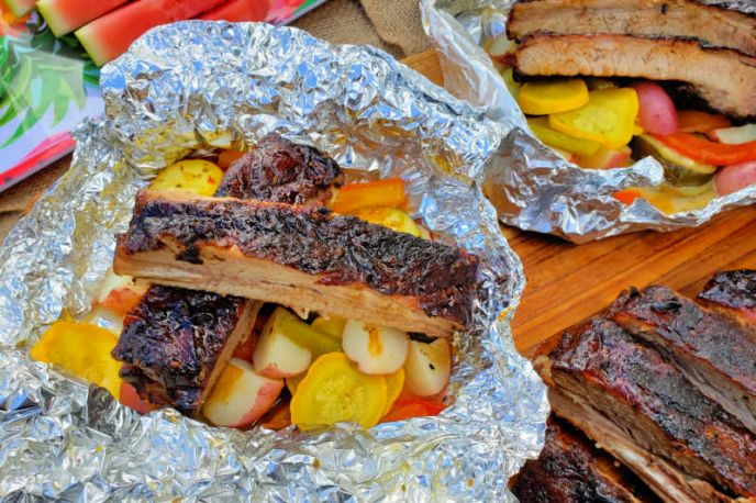 Grilled Veggies With Marinated Pork Ribs, Camping Foil Packs with Grilled Ribs