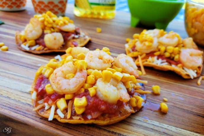 Layered Crunchy Shrimp Tostadas Recipe, Shrimp Tostadas with corn, salsa, cheese, layered on a tortilla recipe