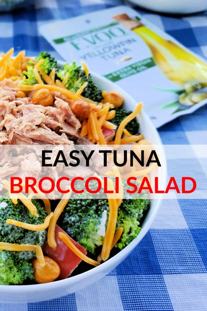 Broccoli Salad with Tuna, Tuna fish, broccoli, cheese, garbanzo beans, salad dressing in a bowl to make tuna broccoli salad