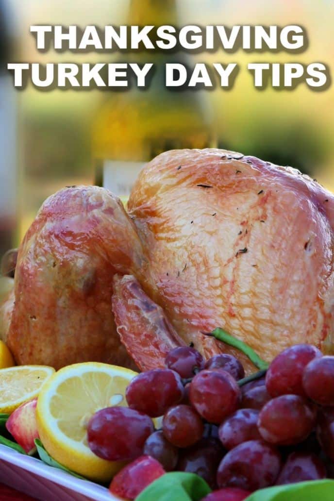 Thanksgiving Turkey Day Tips, Tips for a great thanksgiving day with family and friends, a cooked turkey and fruit.