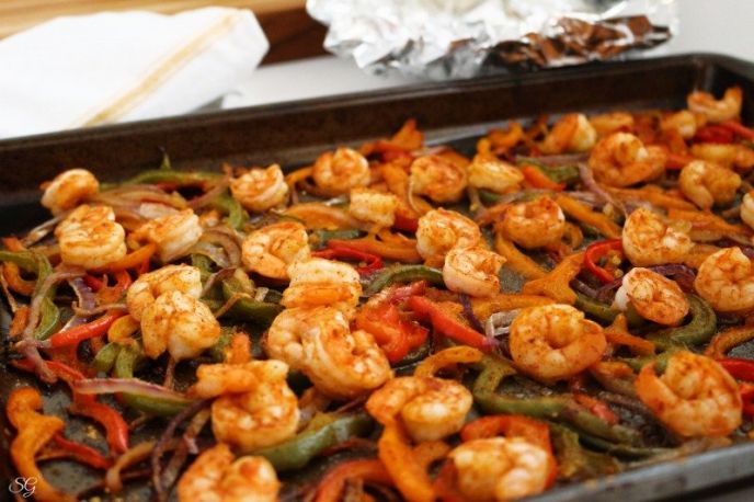 Sheet Pan Shrimp Fajitas Recipe, Shrimp and veggies cooked for fajitas