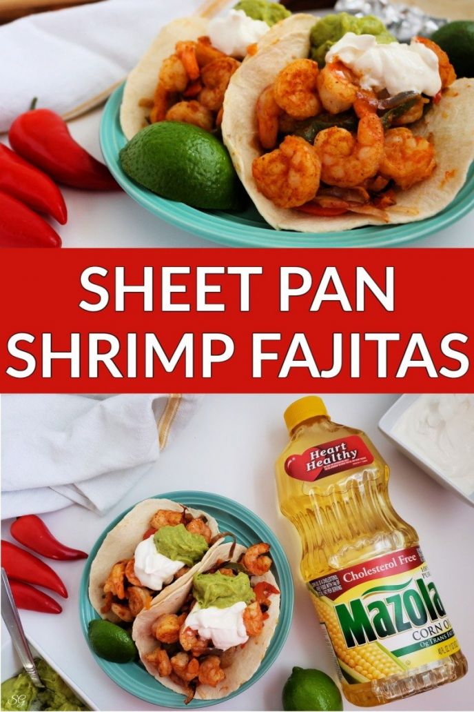 Sheet pan shrimp fajitas recipe made with vegetables, shrimp, and flour tortillas. 