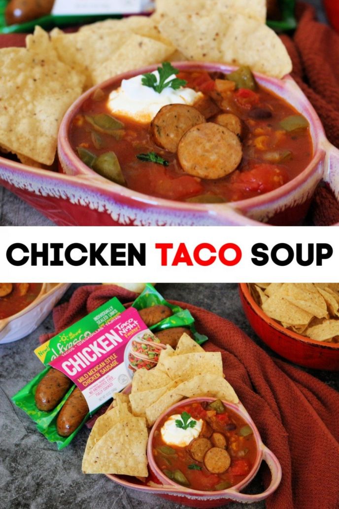 Chicken Taco Soup, Instant pot chicken taco soup recipe. Easy taco night recipe made with al fresco Mild Mexican Style Chicken Sausage, vegetables, beans, sour cream, and served with fresh tortilla chips on the side.