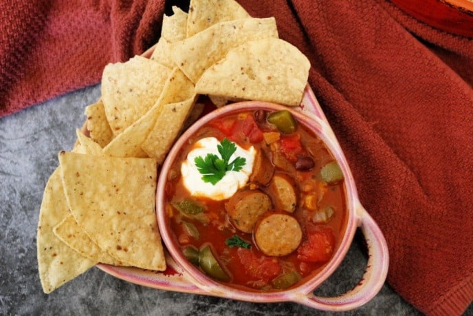 Chicken Taco Soup Recipe With Chicken Sausage and Tortilla Chips Finished Dish