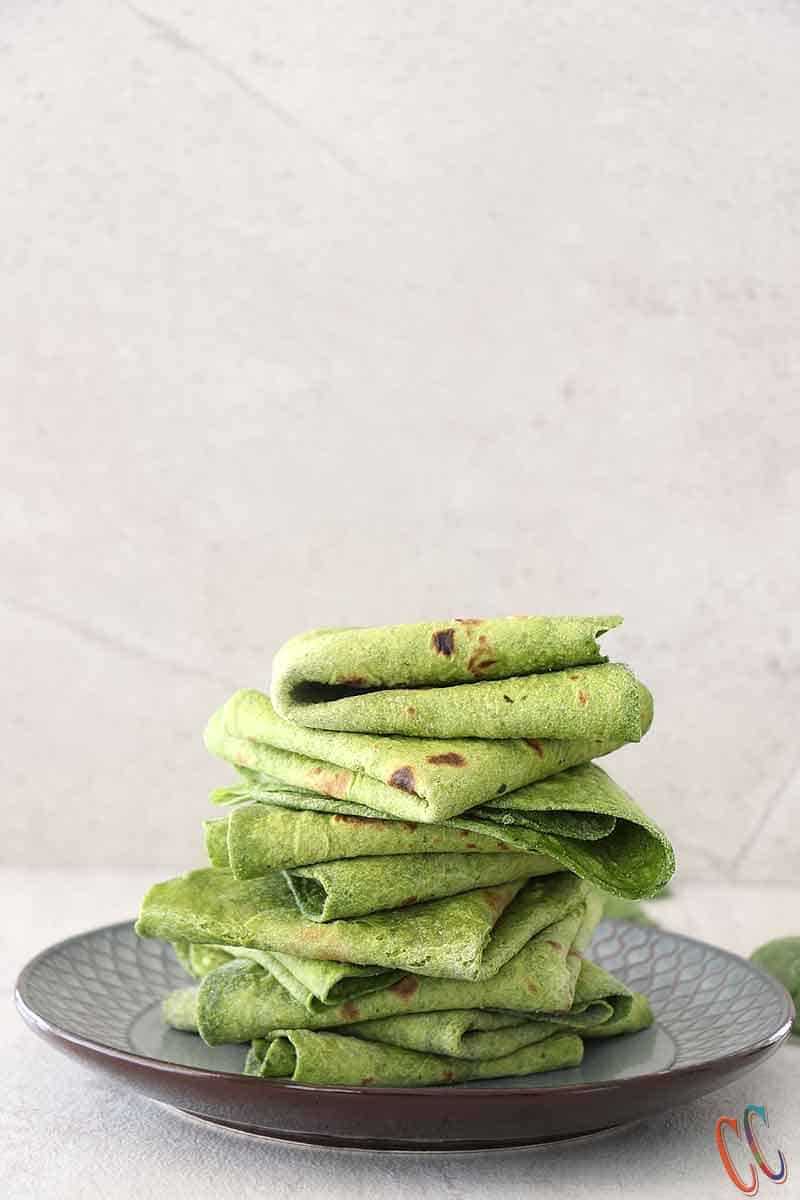 51+ No Yeast Bread Recipes, Spinach vegan tortillas, green colored tortillas folded and stacked on a plate