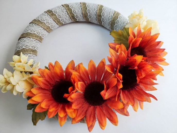 Thanksgiving Wreath, Thanksgiving wreath with burlap ribbon and orange and white flowers