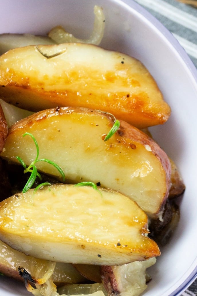 Roasted Red Potatoes, Layers or roasted red potatoes in a serving dish