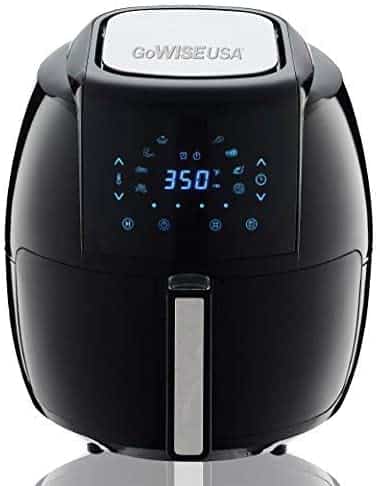 Learn how to use an air fryer with this easy tutorial, photo of black air fryer with buttons illuminated on the front.
