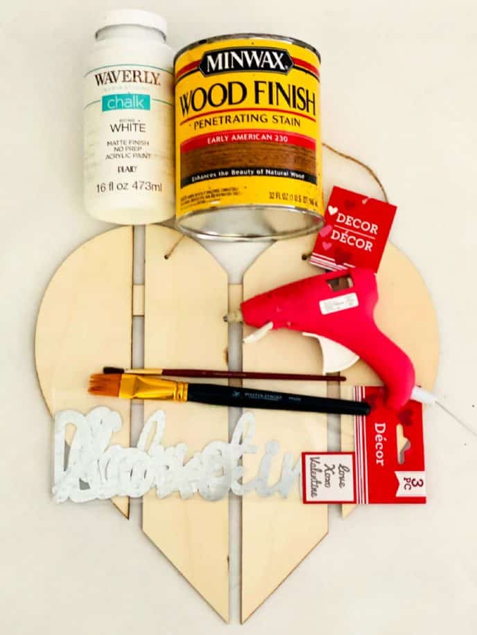 Valentine's Day Gift Ideas valentines gift diy materials, heart wood pallet, glue, paint, paint brushes, love sign