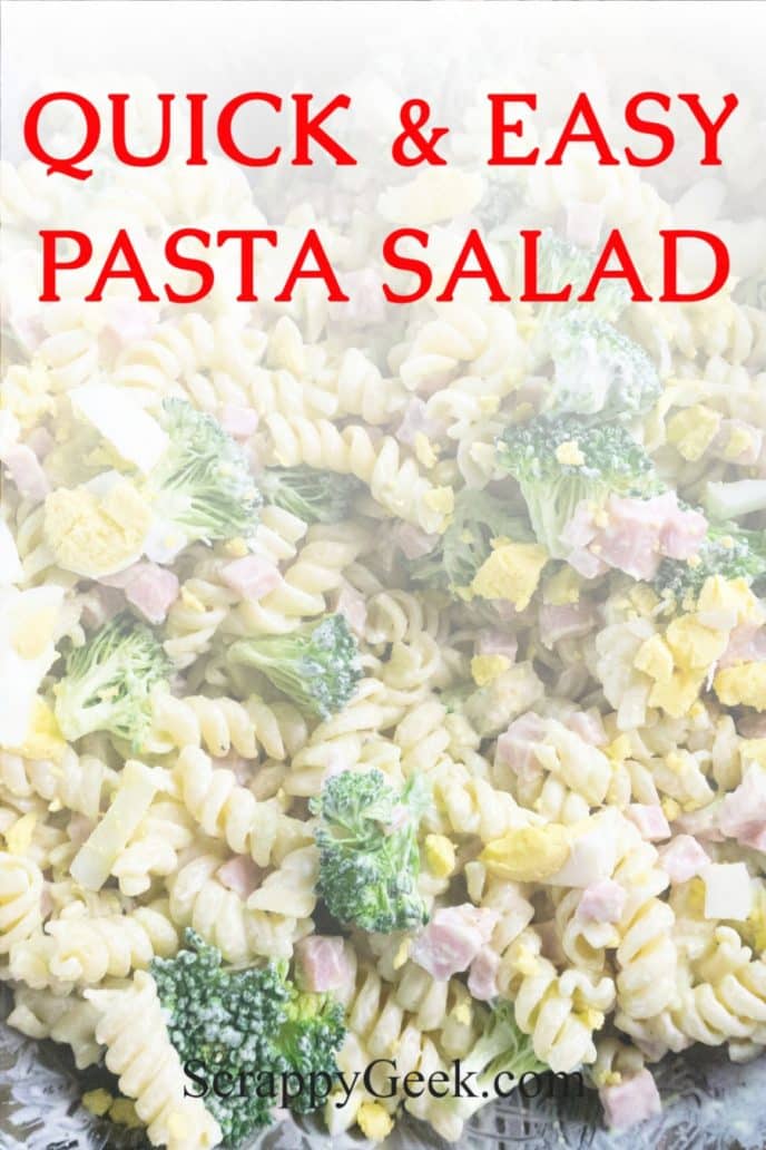 Pasta salad made with ham, broccoli, avocados, homemade dressing and more.