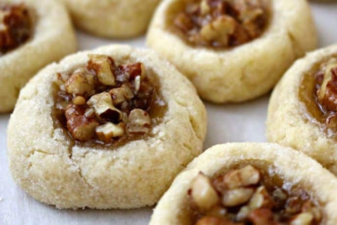 Pecan thumbprint cookies for Christmas or holidays, pecan pie filled cookies