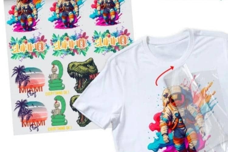 White T-shirt with a colorful astronaut graphic and a sticker sheet showing tropical designs and 'Miami Surf' motifs beside it.